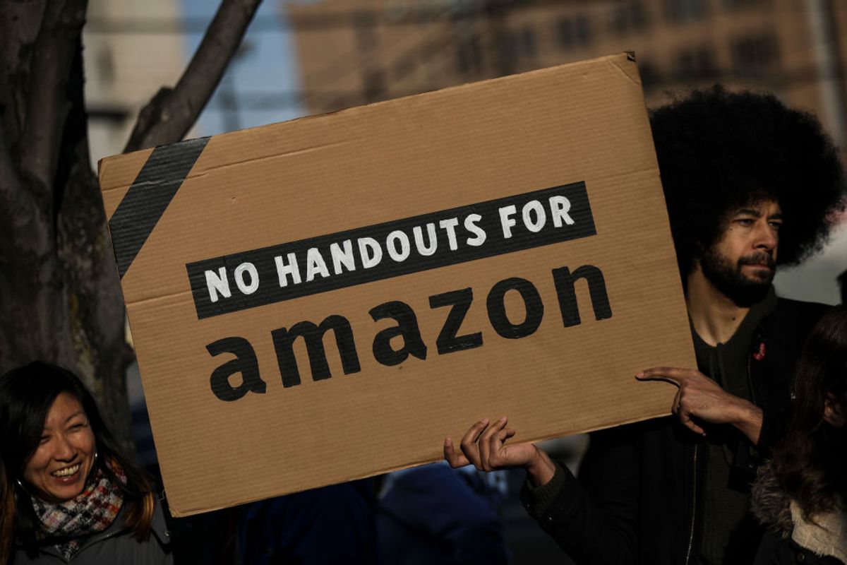 NEW YORK, NY - FEBRUARY 14: Activists and community members who opposed Amazon's plan to move into Queens rally in celebration of Amazon's decision to pull out of the deal, in the Long Island City neighborhood, February 14, 2019 in the Queens borough of New York City. Amazon said on Thursday that they are cancelling plans to build a corporate headquarters in Long Island City, Queens after coming under harsh opposition from some local lawmakers and residents. (Photo by Drew Angerer/Getty Images) (Drew Angerer/Getty Images)
