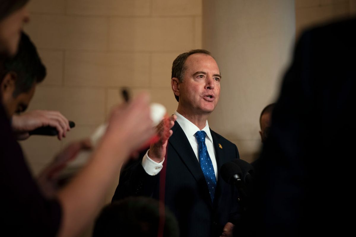 WASHINGTON, DC - NOVEMBER 20:  House Intelligence Committee Chairman Adam Schiff (D-CA) talks to the media during a break in testimony by Gordon Sondland, the U.S ambassador to the European Union, before the House Intelligence Committee in the Longworth House Office Building on Capitol Hill November 20, 2019 in Washington, DC. The committee heard testimony during the fourth day of open hearings in the impeachment inquiry against U.S. President Donald Trump, whom House Democrats say held back U.S. military aid for Ukraine while demanding it investigate his political rivals. (Photo by Alex Edelman/Getty Images) (Getty Images)