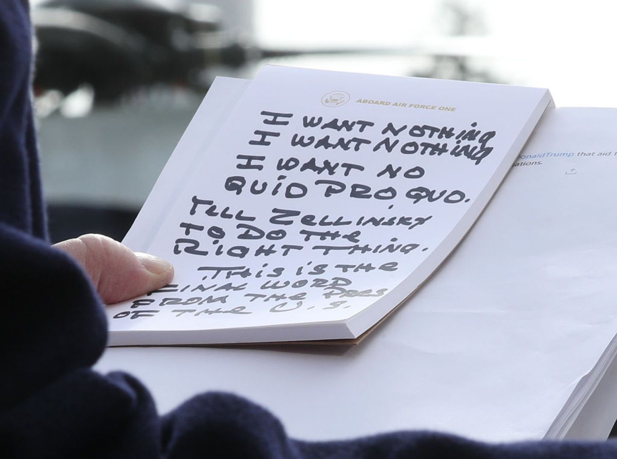 WASHINGTON, DC - NOVEMBER 20: U.S. President Donald Trump holds his notes while speaking to the media before departing from the White House on November 20, 2019 in Washington, DC. President Trump spoke about the impeachment inquiry hearings currently taking place on Capitol Hill. (Photo by Mark Wilson/Getty Images) (Getty Images)
