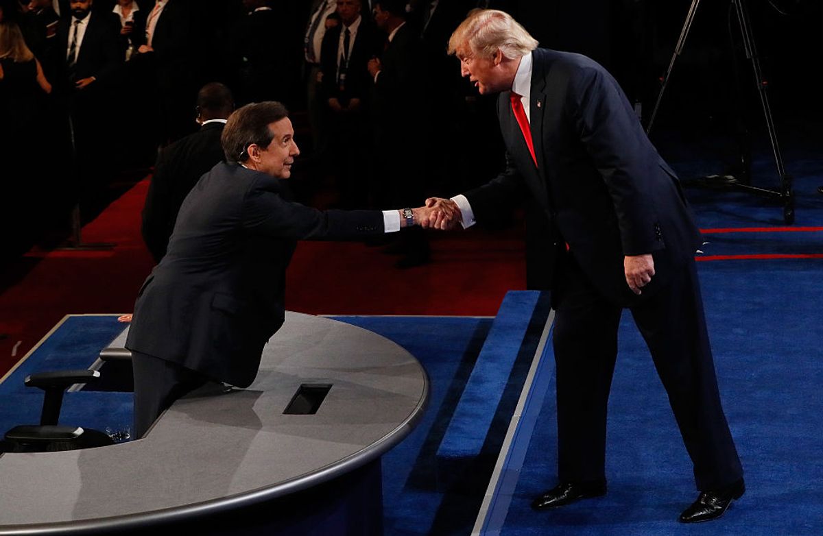 LAS VEGAS, NV - OCTOBER 19:  Republican presidential nominee Donald Trump shakes hands with Fox News anchor and moderator Chris Wallace after the third U.S. presidential debate at the Thomas &amp; Mack Center on October 19, 2016 in Las Vegas, Nevada. Tonight is the final debate ahead of Election Day on November 8.  (Photo by Mark Ralston-Pool/Getty Images) (Getty Images)
