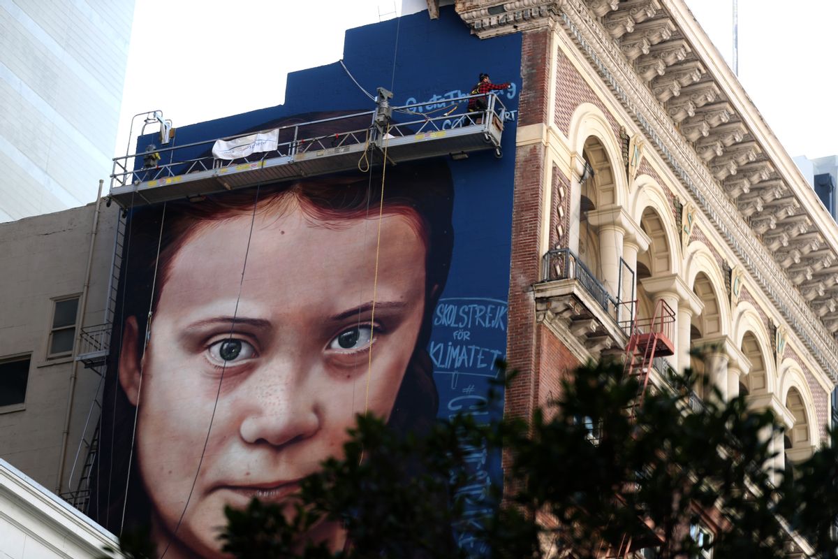 SAN FRANCISCO, CALIFORNIA - NOVEMBER 11: A view of a new four-story-high mural of Swedish climate activist Greta Thunberg on November 11, 2019 in San Francisco, California. A new mural honoring 16 year-old Swedish climate activist Greta Thunberg is nearing completion on the side of a building near San Francisco's Union Square. The mural was designed by Andrés Petreselli and funded by non-profit group OneAtmosphere.org. (Photo by Justin Sullivan/Getty Images) (Justin Sullivan/Getty Images)