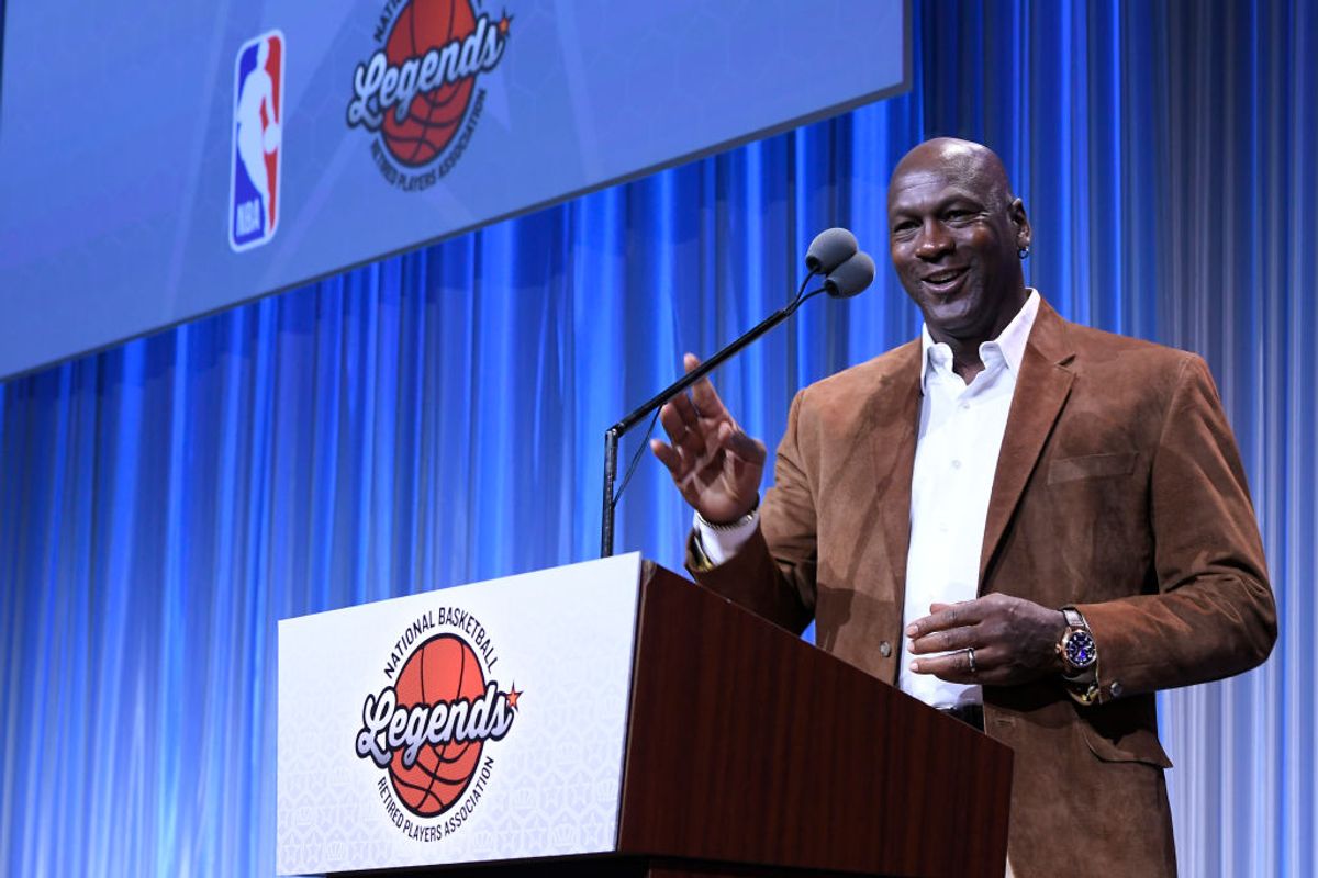 CHARLOTTE, NC - FEBRUARY 16: Michael Jordan speaks at the All Star Breakfast held by the National Basketball Retired Players Association at the Renaissance Charlotte Suites Hotel on February 16, 2019 in Charlotte, North Carolina. (Photo by John McCoy/Getty Images) (Getty Images/Stock photo)