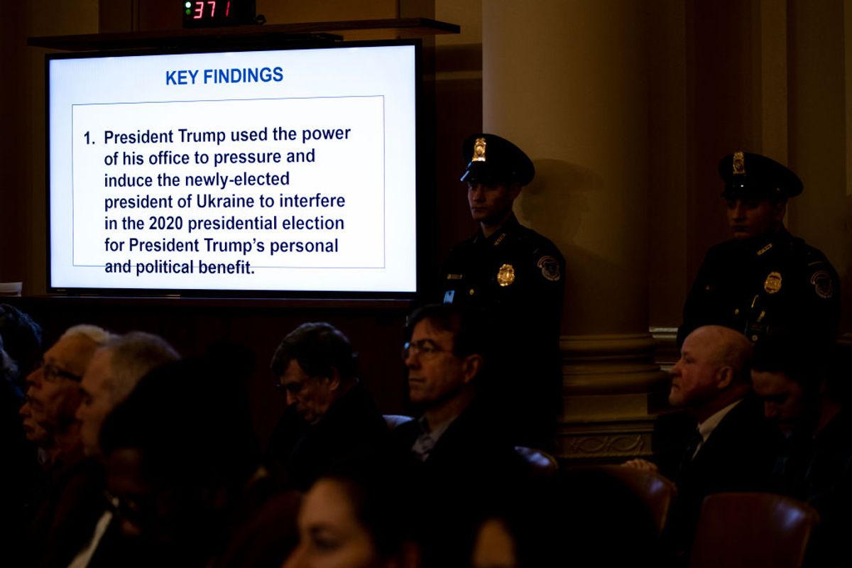 WASHINGTON, DC - DECEMBER 09: A visual aid is displayed during a hearing before the House Judiciary Committee in the Longworth House Office Building on Capitol Hill December 9, 2019 in Washington, DC. The hearing is being held for the Judiciary Committee to formally receive evidence in the impeachment inquiry of U.S. President Donald Trump, whom Democrats say held back military aid for Ukraine while demanding they investigate his political rivals. The White House declared it would not participate in the hearing. (Photo by Anna Moneymaker - Pool/Getty Images) (Getty Images/Stock photo)
