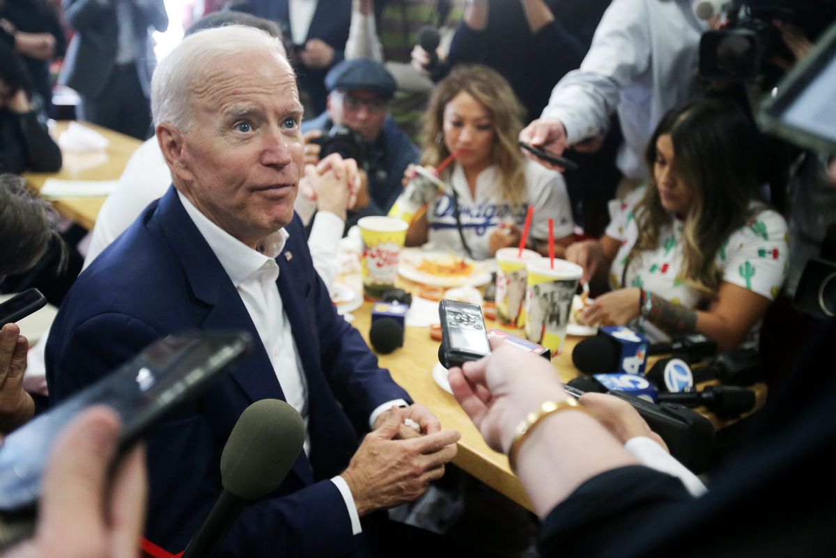 LOS ANGELES, CALIFORNIA - MAY 08: Former Vice President and Democratic presidential candidate Joe Biden speaks to reporters after eating at a taco restaurant on May 8, 2019 in Los Angeles, California. Biden visited the restaurant with Los Angeles Mayor Eric Garcetti and will attend a fundraiser in Beverly Hills tonight.  (Photo by Mario Tama/Getty Images) (Mario Tama/Getty Images)