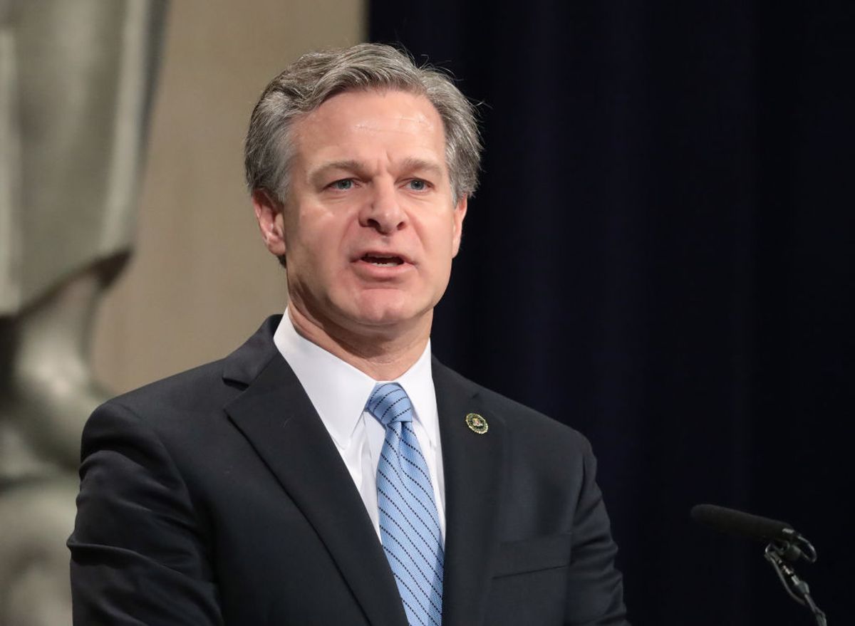 WASHINGTON, DC - OCTOBER 04: FBI Director Christopher Wray delivers opening remarks during the Lawful Access Summit on warrant-proof encryption and its impact on child exploitation cases, at the Justice Department, on October 4, 2019 in Washington, DC. (Photo by Mark Wilson/Getty Images) (Getty Images)