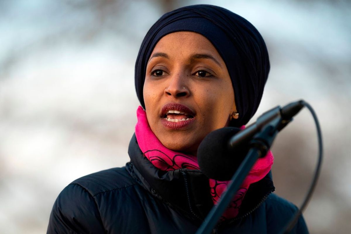 US Congresswoman Ilhan Omar, D-MN, speaks on Capitol Hill in Washington, DC, on January 9, 2020, during a rally on "No War with Iran". (Photo by JIM WATSON / AFP) (Photo by JIM WATSON/AFP via Getty Images) (Getty Images)