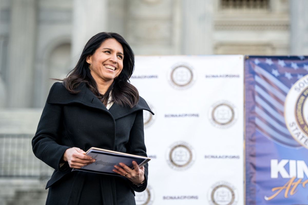 COLUMBIA, SC - JANUARY 20: Democratic presidential candidate Rep. Tulsi Gabbard (D-HI) is introduced during the King Day at the Dome rally on January 20, 2020 in Columbia, South Carolina. The event, first held in 2000 in opposition to the display of the Confederate battle flag at the statehouse, attracted more than a handful Democratic presidential candidates looking for votes in the early primary state. (Photo by Sean Rayford/Getty Images) (Getty Images)