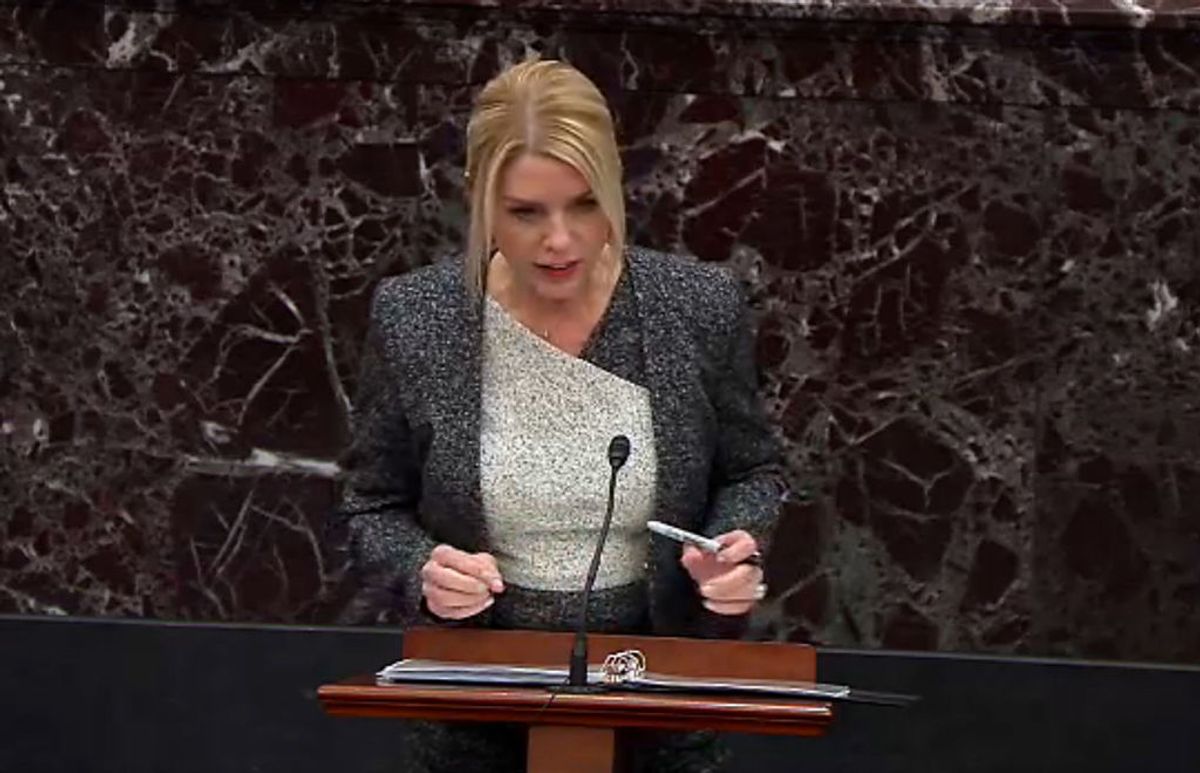 WASHINGTON, DC - JANUARY 27: In this screengrab taken from a Senate Television webcast, Legal Counsel for President Donald Trump, former Florida Attorney General Pam Bondi speaks during impeachment proceedings against U.S. President Donald Trump in the Senate at the U.S. Capitol on January 27, 2020 in Washington, DC. Democratic House managers have concluded their opening arguments and President Trump's lawyers now continue to present their defense. (Photo by Senate Television via Getty Images) (Getty Images)