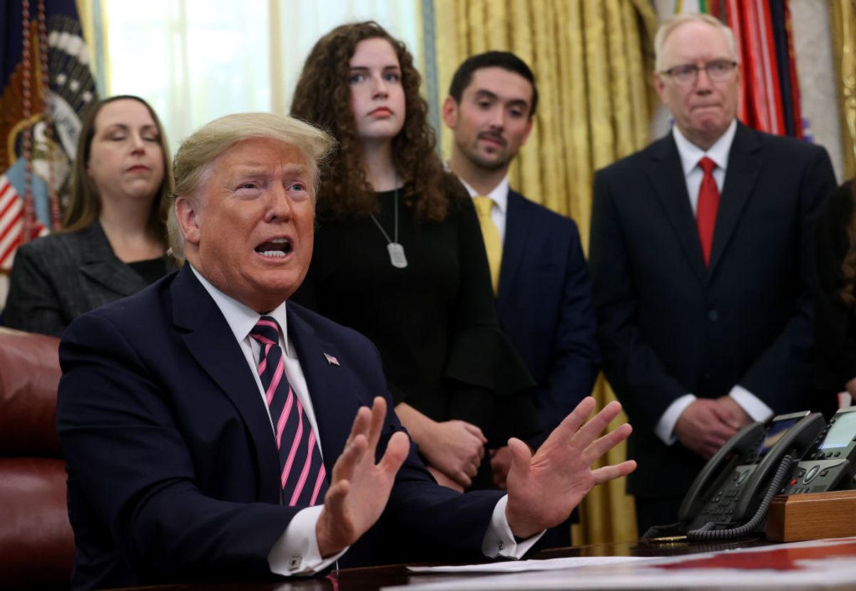 WASHINGTON, DC - JANUARY 16: U.S. President Donald Trump speaks during an event in the Oval Office announcing guidance on constitutional prayer in public schools on January 16, 2020 in Washington, DC. Trump also answered questions on recent reports relating businessman Lev Parnas, an associate of Trump's personal lawyer Rudy Giuliani. (Photo by Win McNamee/Getty Images) (Getty Images)