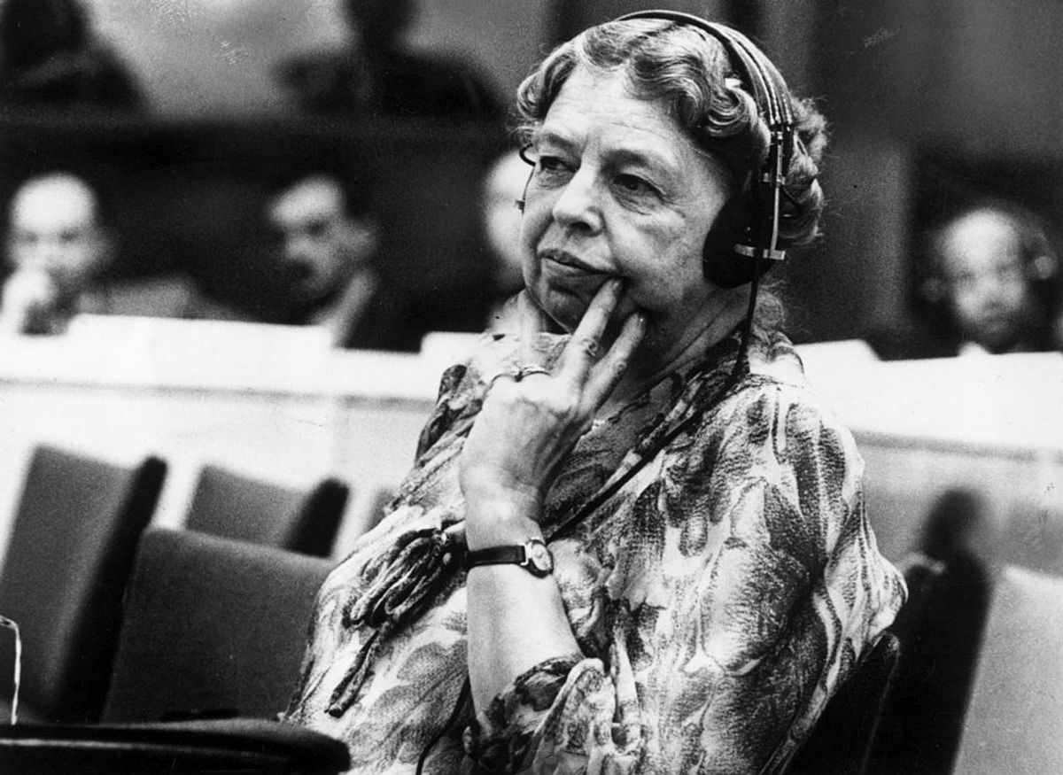 1946:  Eleanor Roosevelt (1884 - 1962) American author, lecturer, ambassador, social activist and wife of the 32nd President Franklin D Roosevelt. A representative to the United Nations, she is listening through headphones during a conference at the temporary UN headquarters at Lake Success, New York.  (Photo by Keystone/Getty Images) (Getty Images)