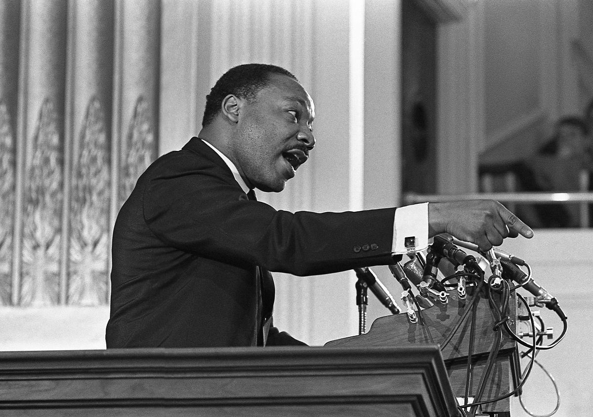 Profile view of American Civil Rights leader Dr. Martin Luther King Jr (1929 - 1968) as he speaks from a lecturn at the New York Avenue Presbyterian Church, Washington DC, February 6, 1968. Dr. King, invited to the church as the national co-chair for the 'Clergy and Laymen Concerned About Vietnam,' spoke about ending the war in Vietnam. (Photo by Joseph Klipple/Getty Images) (Joseph Klipple / Getty Images)