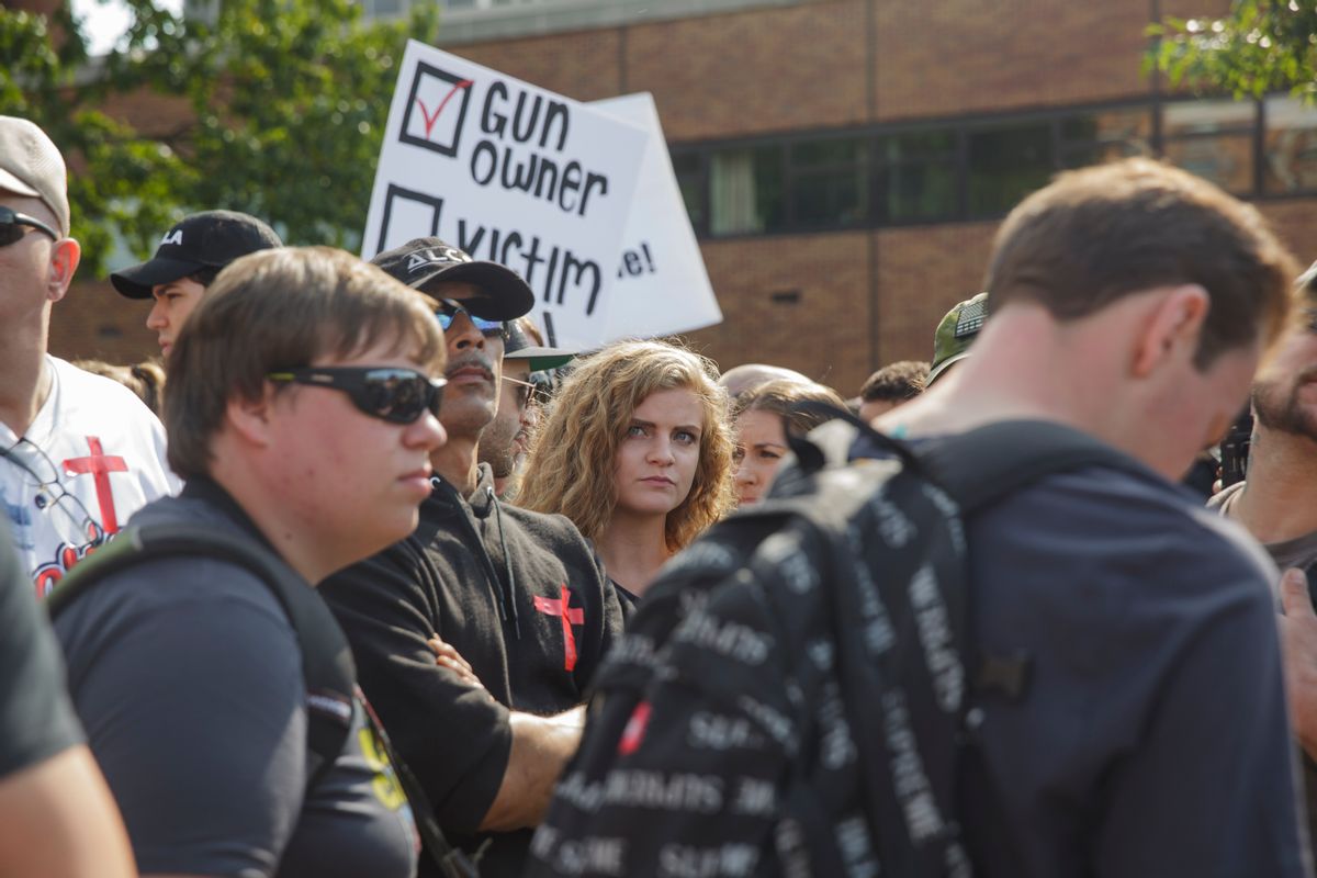 Kaitlin Bennett's Open Carry Rally was halted and ultimately diverted after left wing protesters blocked their path.Kaitlin Bennett, a former student of Kent State University, lead an open carry protest on her former campus. The Three Precenters came in as bodyguards for Bennett and her group Liberty Hangout.  On September 29, 2018 in Kent, Ohio, USA. (Photo by Shay Horse/NurPhoto via Getty Images) ( Shay Horse/NurPhoto via Getty Images)