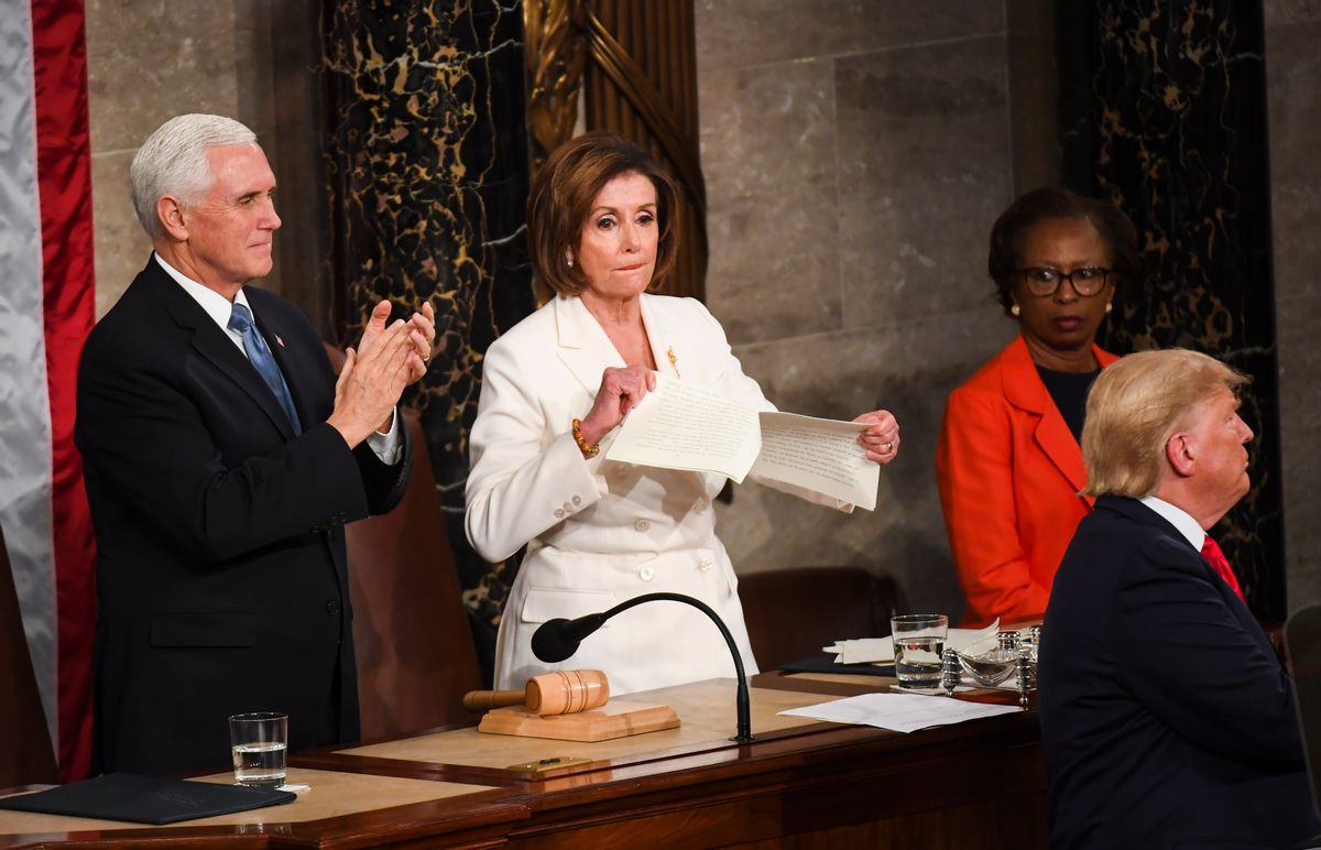 WASHINGTON, DC - FEBRUARY 04: House Speaker Nancy Pelosi (D-Calif.) rips tears up her advanced copy of President Donald J. Trump's State of the Union address before members of Congress in the House chamber of the U.S. Capitol February 4, 2020 in Washington, DC.   (Photo by Toni L. Sandys/The Washington Post via Getty Images) ( Toni L. Sandys/The Washington Post via Getty Images)