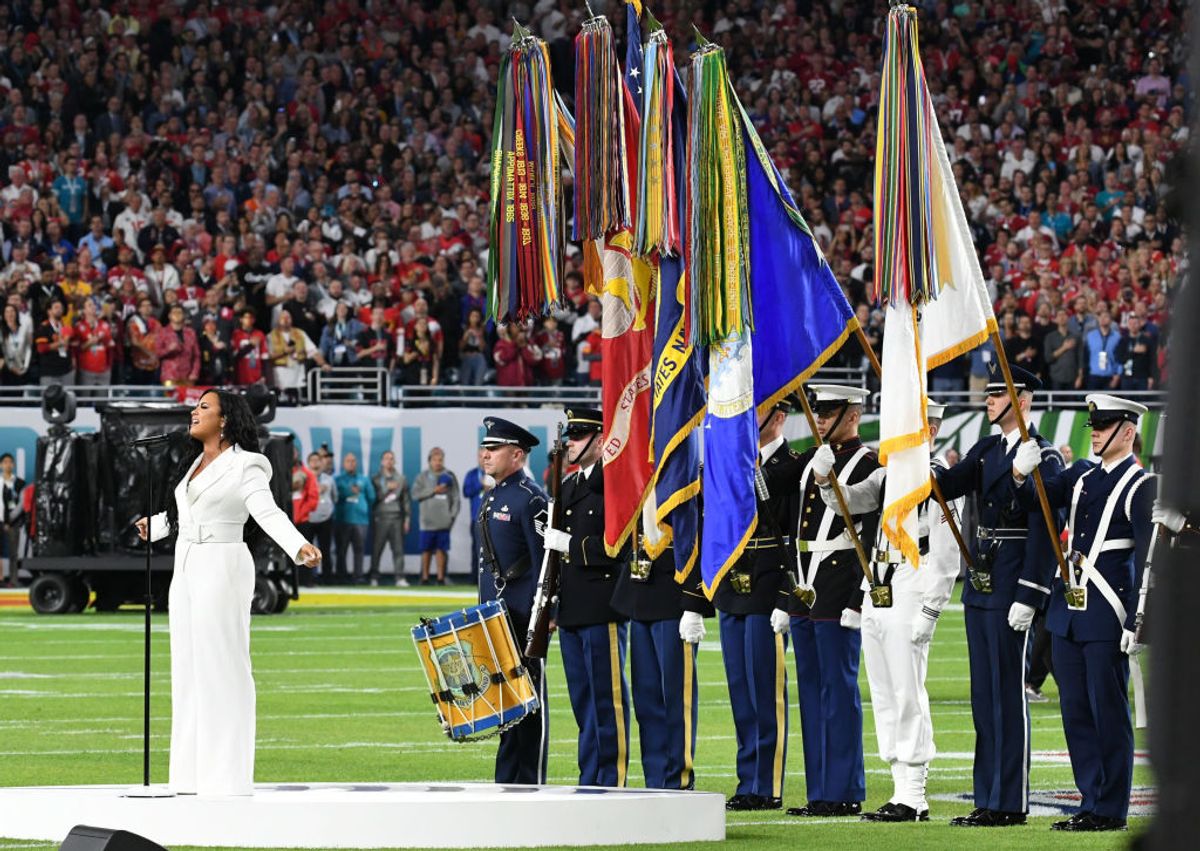 MIAMI GARDENS, FLORIDA - FEBRUARY 02: Demi Lovato performs the National Anthem onstage during Super Bowl LIV at Hard Rock Stadium on February 02, 2020 in Miami Gardens, Florida. (Photo by Kevin Winter/Getty Images) (Getty Images)