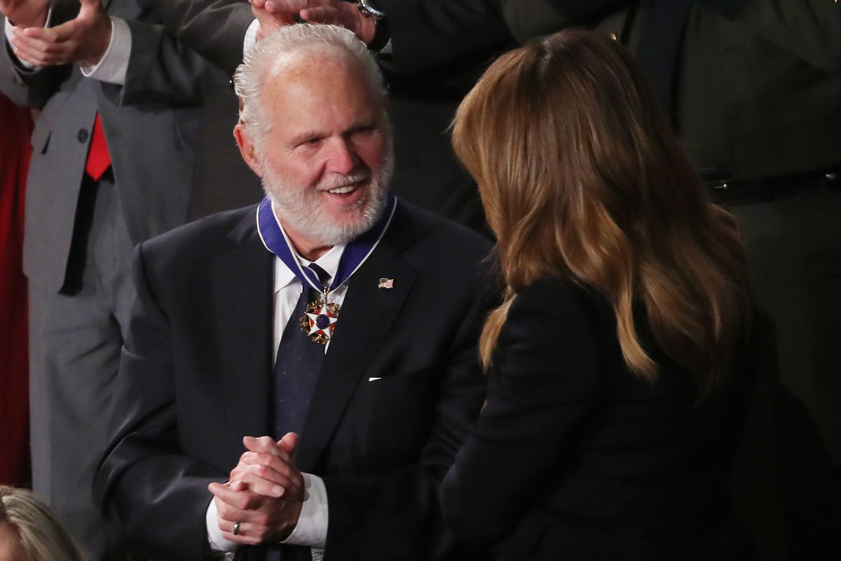 WASHINGTON, DC - FEBRUARY 04: Radio personality Rush Limbaugh reacts after First Lady Melania Trump gives him the Presidential Medal of Freedom during the State of the Union address in the chamber of the U.S. House of Representatives on February 04, 2020 in Washington, DC.  President Trump delivers his third State of the Union to the nation the night before the U.S. Senate is set to vote in his impeachment trial.  (Photo by Mark Wilson/Getty Images) (Mark Wilson/Getty Images)