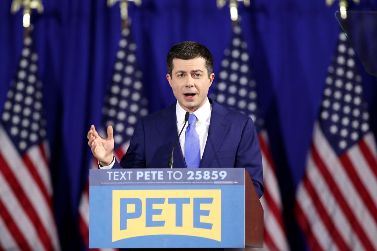 NASHUA, NEW HAMPSHIRE - FEBRUARY 11: Democratic presidential candidate former South Bend, Indiana Mayor Pete Buttigieg speaks at his primary night watch party on February 11, 2020 in Nashua, New Hampshire. New Hampshire voters cast their ballots today in the first-in-the-nation presidential primary. (Photo by Matthew Cavanaugh/Getty Images) (Getty Images)