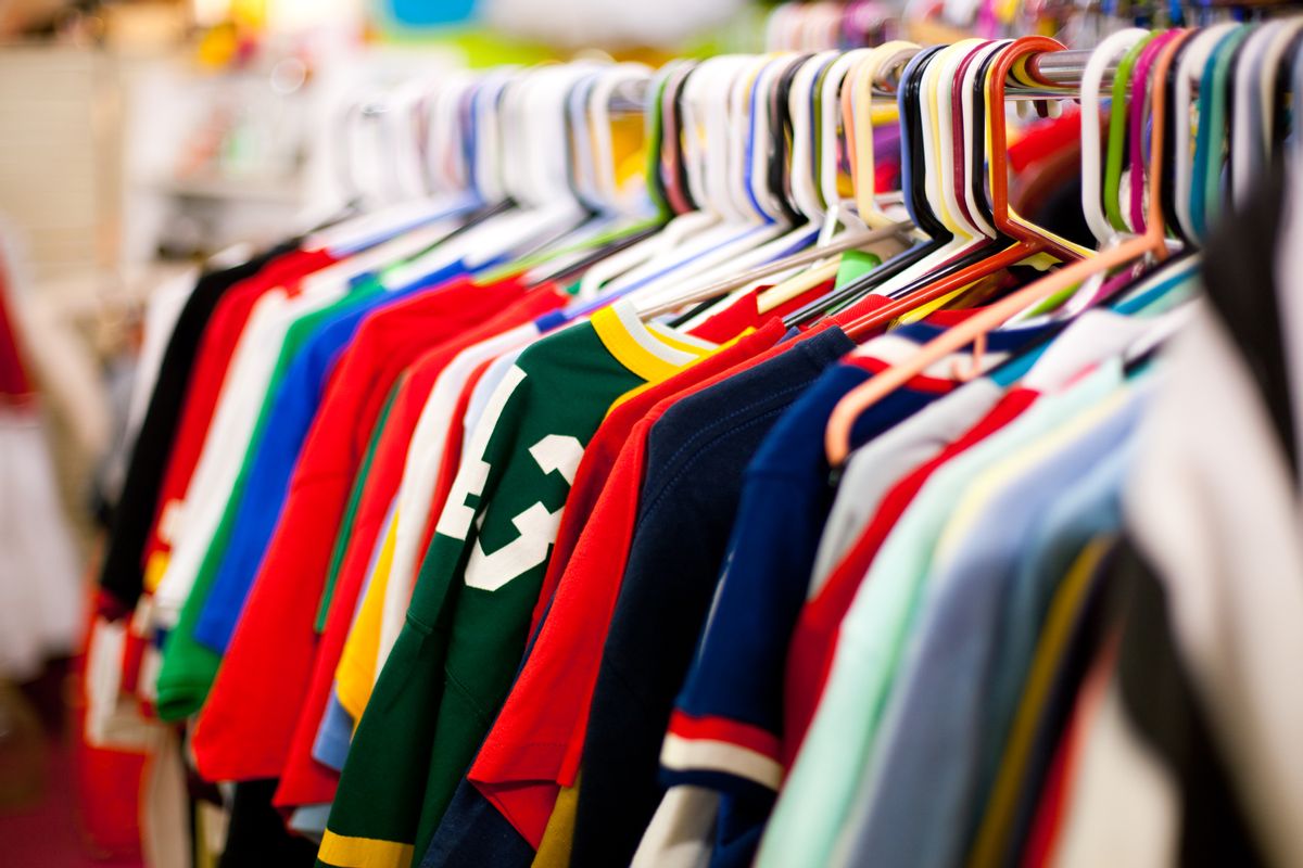 Clothing rack at a second hand store. Shot indoors with a fast 50mm lens. (Getty Images/Stock photo)