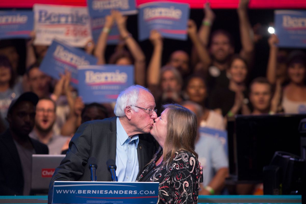 LOS ANGELES, CA - OCTOBER 14:  Democratic presidential candidate Sen. Bernie Sanders kisses his wife, Dr. Jane O'Meara Sanders, at a campaign fundraising reception at the Avalon Hollywood nightclub on October 14, 2015 in the Hollywood section of Los Angeles, California. The fundraiser takes place on the day following the first Democratic presidential debate of the race, where Sanders faced off with frontrunner, Hillary Rodham Clinton, and three other candidates.   (Photo by David McNew/Getty Images) ( David McNew/Getty Images)