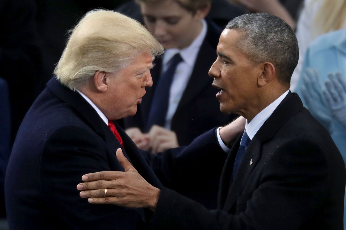 WASHINGTON, DC - JANUARY 20:  Former U.S. President Barack Obama (R) congratulates U.S. President Donald Trump after he took the oath of office on the West Front of the U.S. Capitol on January 20, 2017 in Washington, DC. In today's inauguration ceremony Donald J. Trump becomes the 45th president of the United States.  (Photo by Chip Somodevilla/Getty Images) (Chip Somodevilla/Getty Images)