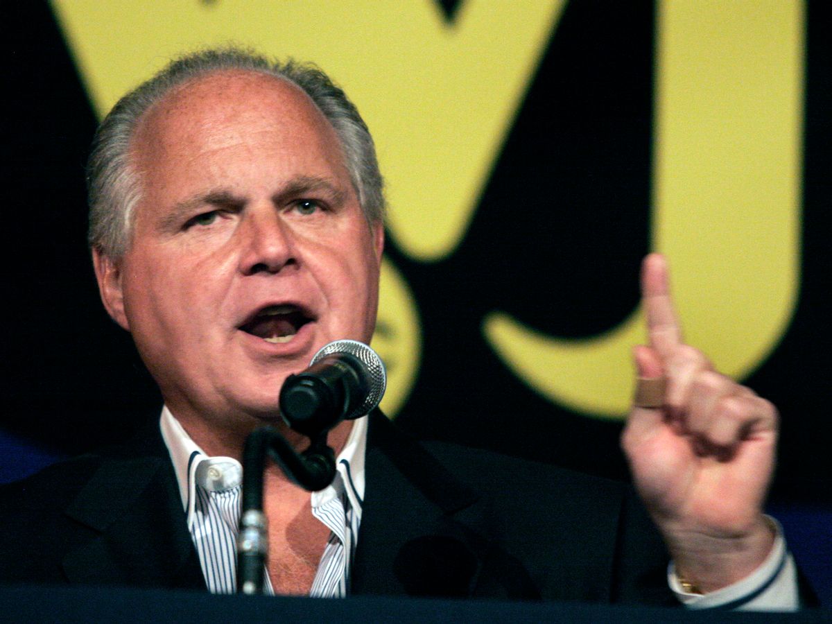 NOVI, MI - MAY 3: Radio talk show host and conservative commentator Rush Limbaugh speaks at "An Evenining With Rush Limbaugh" event May 3, 2007 in Novi, Michigan. The event was sponsored by WJR radio station as part of their 85th birthday celebration festivities. (Photo by Bill Pugliano/Getty Images) (Bill Pugliano/Getty Images)