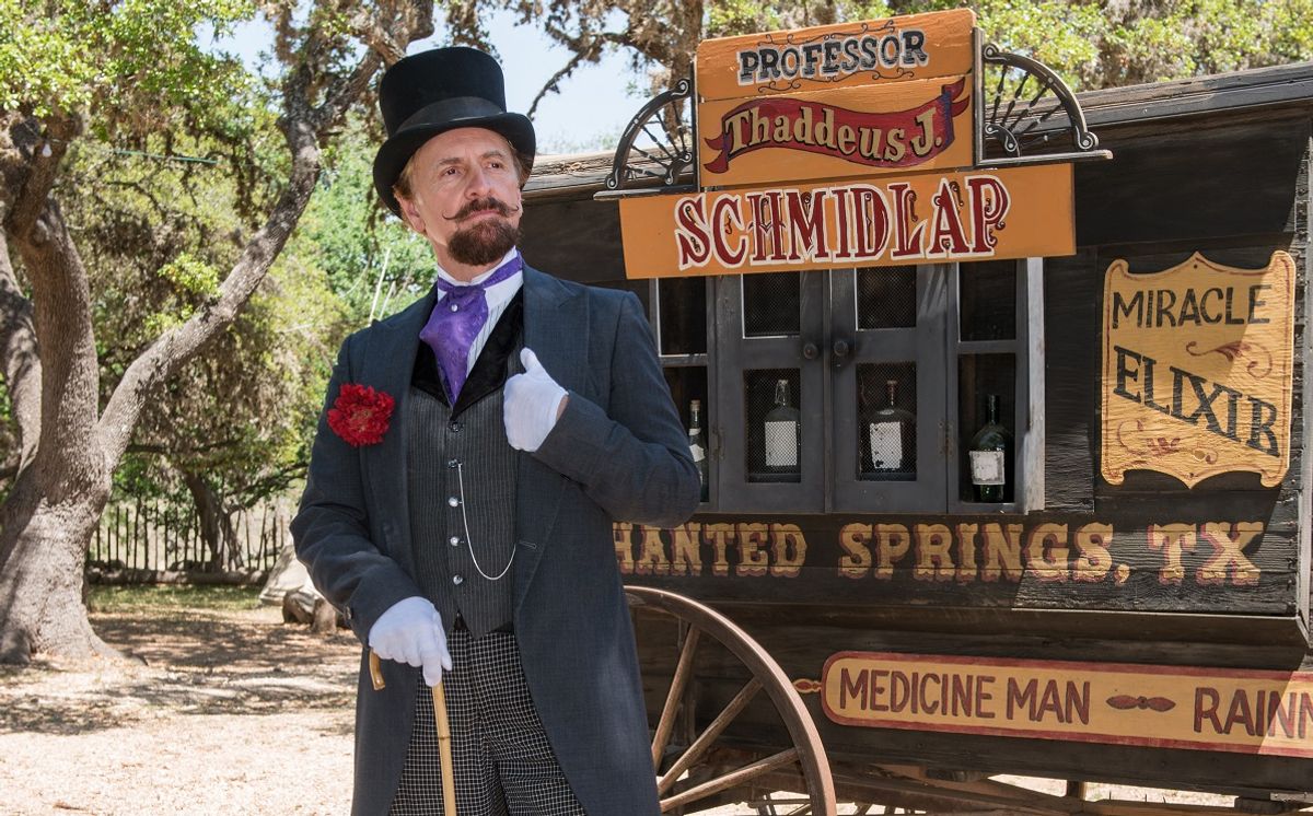 "Professor Thaddeus Schmidlap" (historical intrepreter Ross Nelson), the resident snake-oil salesman at the Enchanted Springs Ranch and Old West theme park, special-events venue, and frequent movie and television-commercial set in Boerne, Texas, northwest of San Antonio. (Carol M. Highsmith / Wikimedia Commons)