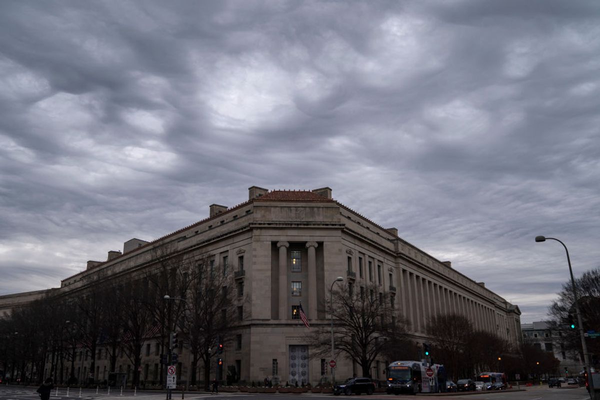 WASHINGTON, DC - FEBRUARY 19: The Department of Justice headquarters stands on February 19, 2020 in Washington, DC. A Department of Justice spokesperson is denying that Attorney General William Barr is considering resigning after his critical comments about President Trump Trump tweeting about ongoing Department of Justice cases. (Photo by Drew Angerer/Getty Images) (Getty Images/Stock photo)