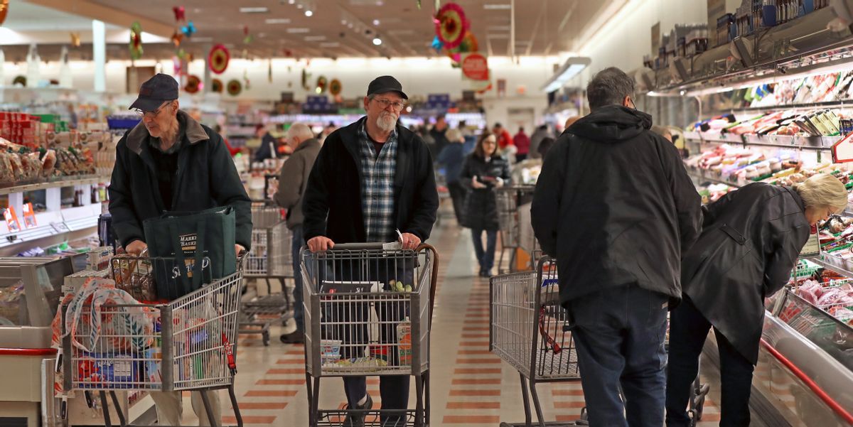 WEST BRIDGEWATER, MA - MARCH 19: Seniors shop during senior-only shopping hours to protect the high-risk group from coronavirus at a Market Basket in West Bridgewater, MA on March 19, 2020. Only elders can shop at 5:30 -7 a.m. hours. (Photo by David L. Ryan/The Boston Globe via Getty Images) (David L. Ryan/The Boston Globe via Getty Images)