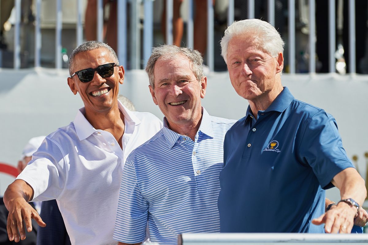 JERSEY CITY, NJ - SEPTEMBER 28:  Presidents Obama, G.W. Bush, and Bill Clinton smile and wave while on the first tee during the first round of the Presidents Cup at Liberty National Golf Club on September 28, 2017 in Jersey City, New Jersey. (Photo by Shelley Lipton/Icon Sportswire via Getty Images) (Shelley Lipton/Icon Sportswire via Getty Images)