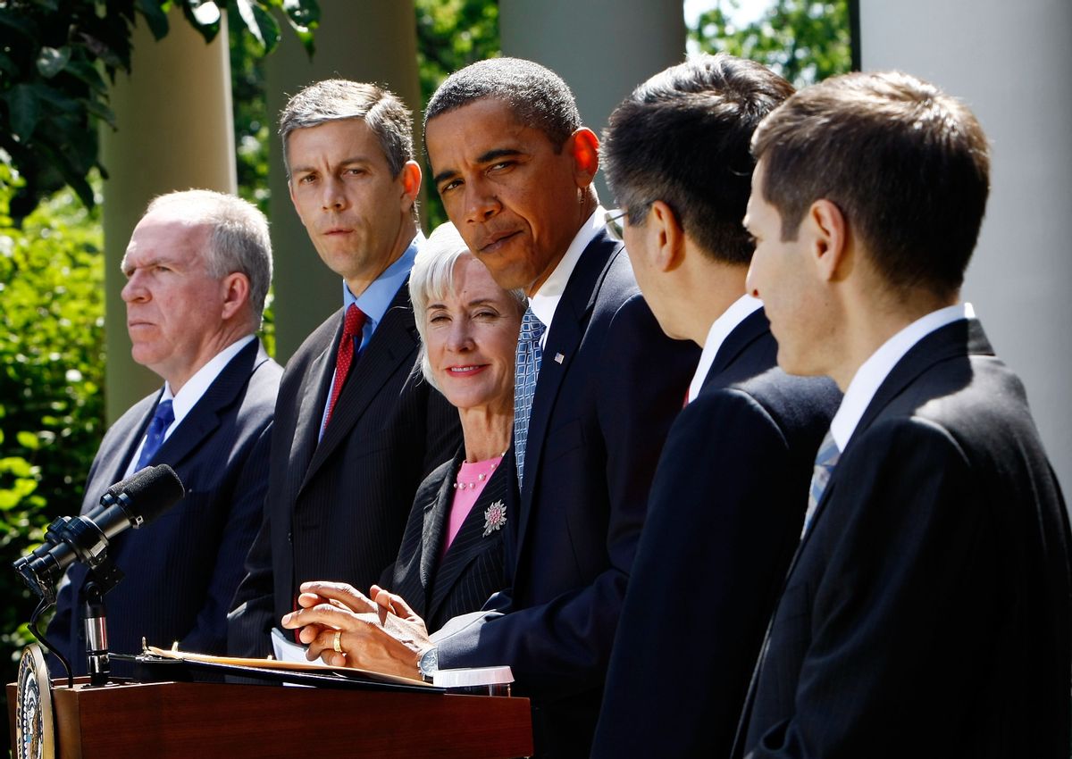 WASHINGTON - SEPTEMBER 01:  U.S. President Barack Obama (3rd R) makes a statement from the Rose Garden with government officials on preparedness and response efforts surrounding the 2009 H1N1 flu virus September 1, 2009 in Washington, DC. Joining Obama (L-R) are Homeland Security adviser John Brennan; Education Secretary Arne Duncan; Health and Human Services Secretary Kathleen Sebelius; Commerce Secretary Gary Locke, and Centers for Disease Control (CDC) Director Thomas Frieden. (Photo by Win McNamee/Getty Images) (Win McNamee/Getty Images)