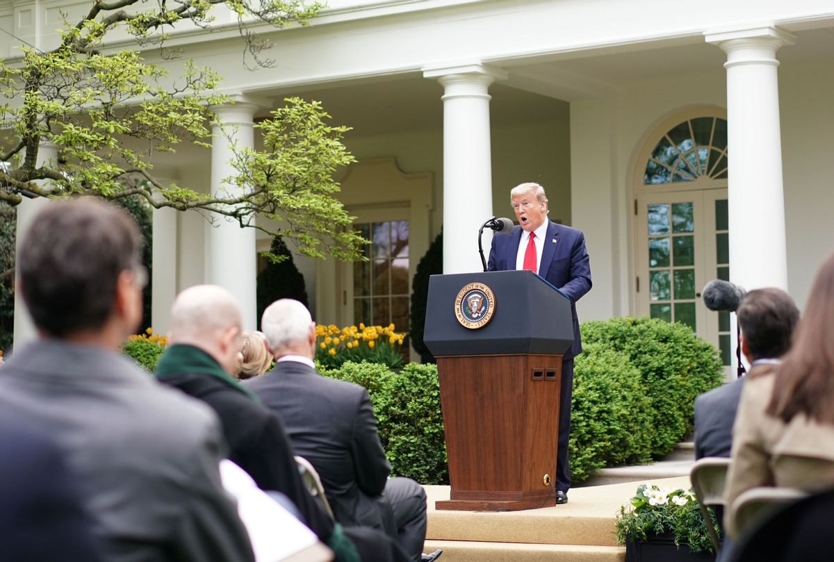 US President Donald Trump speaks during the daily briefing on the novel coronavirus, which causes COVID-19, in the Rose Garden of the White House on April 14, 2020, in Washington, DC. (Photo by MANDEL NGAN / AFP) (Photo by MANDEL NGAN/AFP via Getty Images) (MANDEL NGAN/AFP via Getty Images)