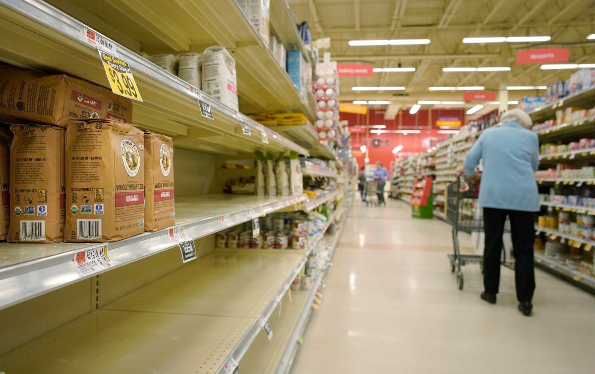 SCARBOROUGH, ME - MARCH 27: Shelves in the flour section are largely empty save for a few organic options at the Hannaford supermarket in Scarborough on Friday, March 27, 2020. (Staff Photo by Gregory Rec/Portland Press Herald via Getty Images) (Gregory Rec/Portland Press Herald via Getty Images)