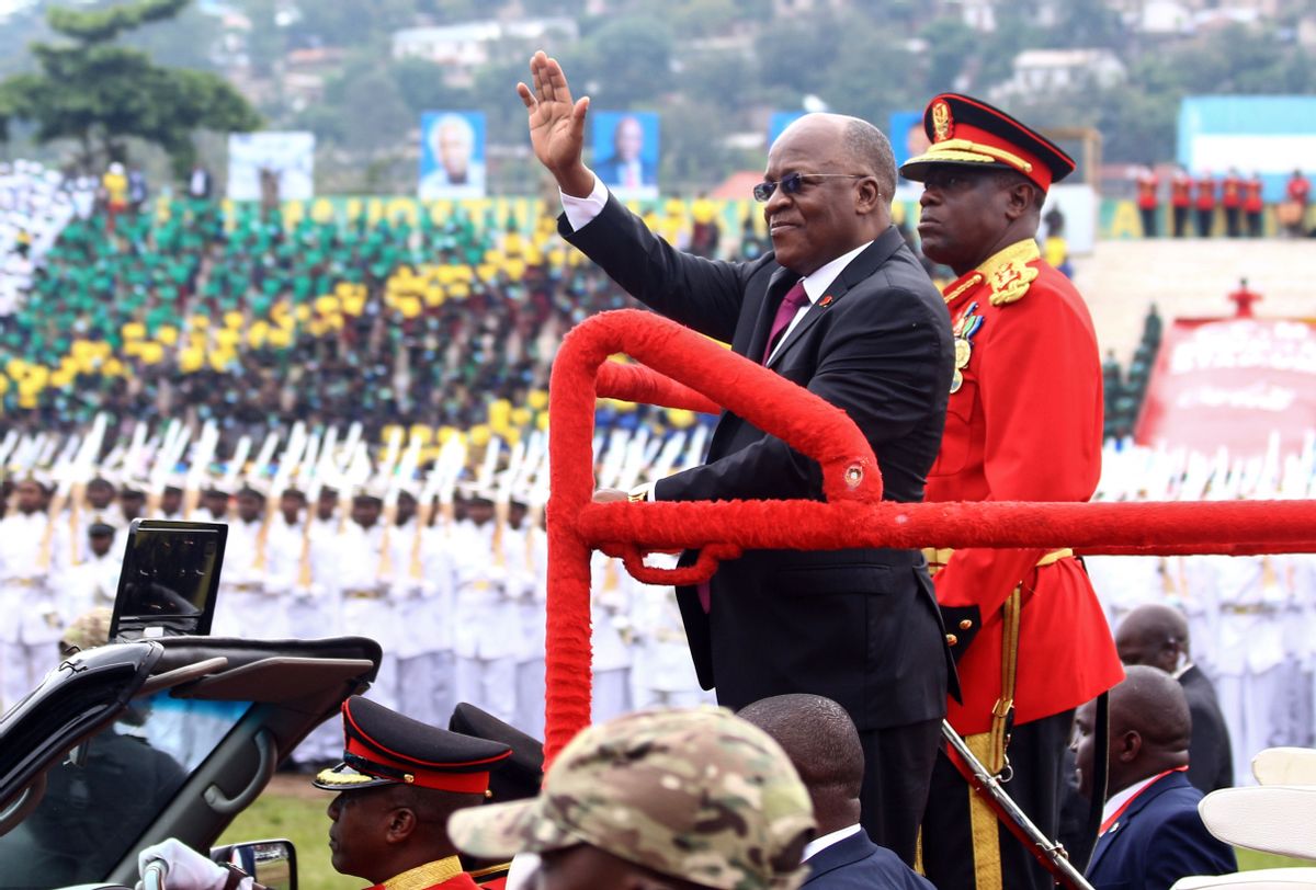 Tanzanian President John Magufuli (C) waves as he attends a ceremony marking the country's 58th independence anniversary at CCM Kirumba stadium in Mwanza, nothern Tanzania, on December 9, 2019. (Photo by STRINGER / AFP) (Photo by STRINGER/AFP via Getty Images) (STRINGER/AFP via Getty Images)