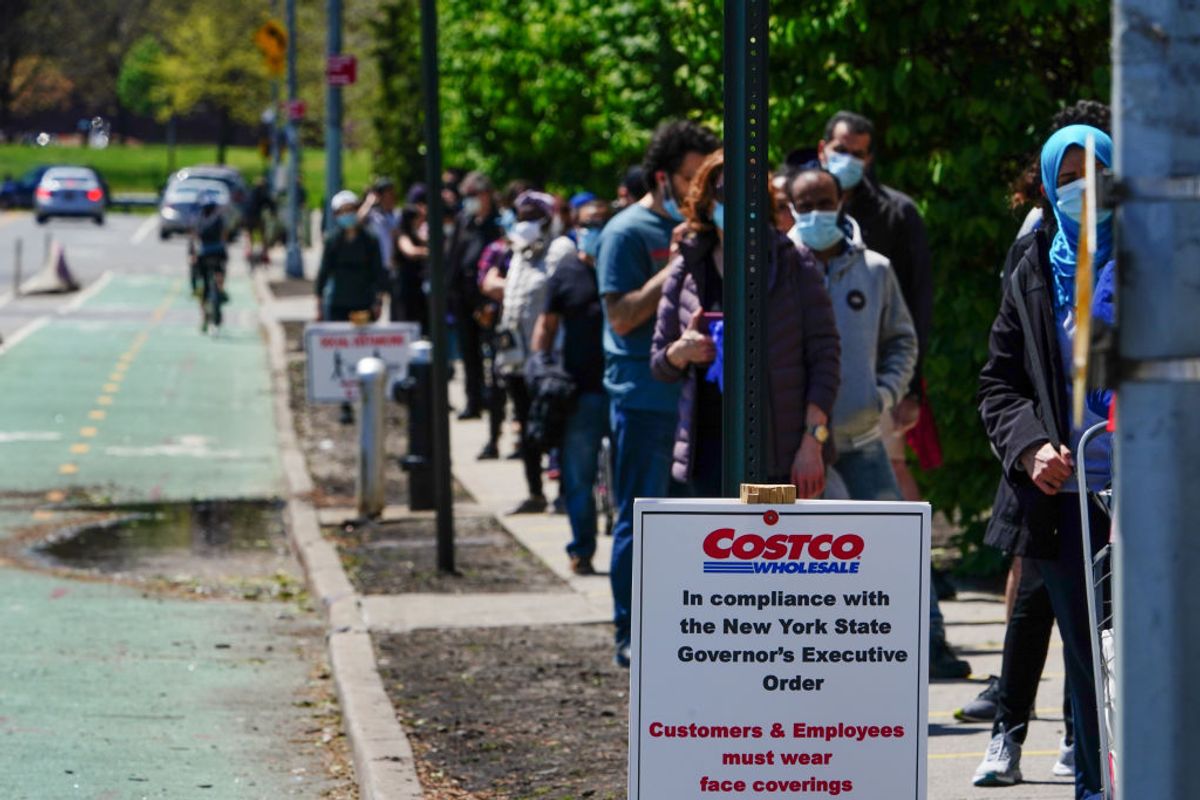 A view of long line of people at Costco in Long Island City Queens, New York, USA during Coronavirus pandemic on May 2, 2020. US NYC Mayor Di Blasio De Blasio Commits to 100 Miles of Open Streets.  (Photo by John Nacion/NurPhoto via Getty Images) (Getty Images)