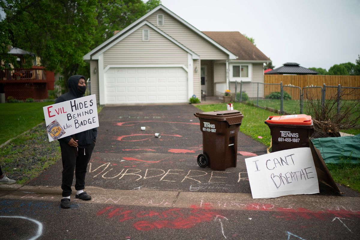 Oakdale, MN May 27: Amanuel Soquar stood outside the home of Minneapolis Police Officer Derek Chauvin in Oakdale Wednesday evening. Demonstrators protested the killing of George Floyd outside the Oakdale home of fired Minneapolis Police Officer Derek Chauvin. (Photo by Jeff Wheeler/Star Tribune via Getty Images) (Getty Images)