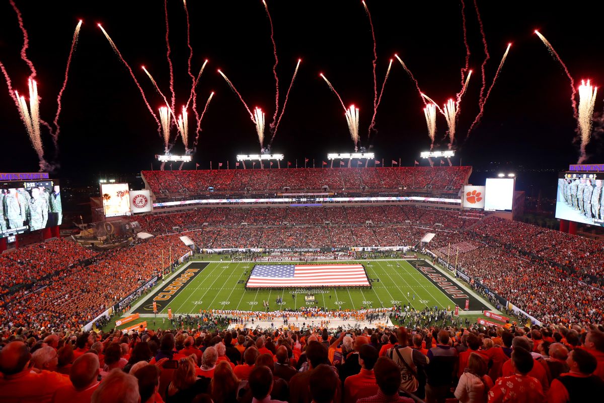 TAMPA, FL - JANUARY 09:  A general view during the national anthem prior to the 2017 College Football Playoff National Championship Game between the Alabama Crimson Tide and the Clemson Tigers at Raymond James Stadium on January 9, 2017 in Tampa, Florida.  (Photo by Tim Bradbury/Getty Images) ( Tim Bradbury/Getty Images)