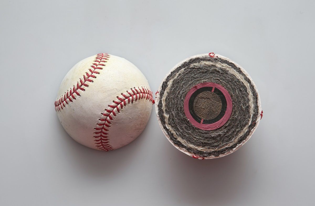 LONDON, CANADA - MARCH 30: A view of the cross-section and inside of an offical major league baseball, which has been cut in half, showing the tightly wound string and yarn and rubber core on March 30, 2016 in London, Canada. (Photo by Tom Szczerbowski/Getty Images) (Getty Images)