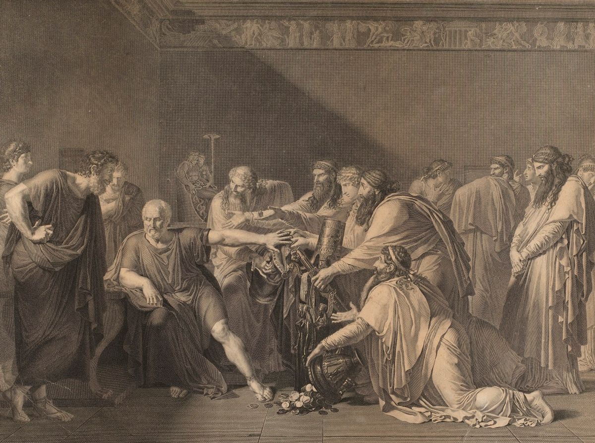 L0074544 Hippocrates refusing the gifts of Artaxerxes
Credit: Wellcome Library, London. Wellcome Images
images@wellcome.ac.uk
http://wellcomeimages.org
Hippocrates refusing the gifts of Artaxerxes. Engraving by Raphael Massard, 1816, after A.L. Girodet-Trioson, 1792.

The Persians offer various treasures (coins, vessels of precious metals) to Hippocrates who makes a gesture of renunciation.
Engraving
1816 By: Anne-Louis Girodet-Triosonafter: Johann Caspar Lavater and Jean-Baptiste Raphael Urbain MassardPublished: [1816]

Copyrighted work available under Creative Commons Attribution only licence CC BY 4.0 http://creativecommons.org/licenses/by/4.0/ (Wellcome Images, CC BY-NC-SA)