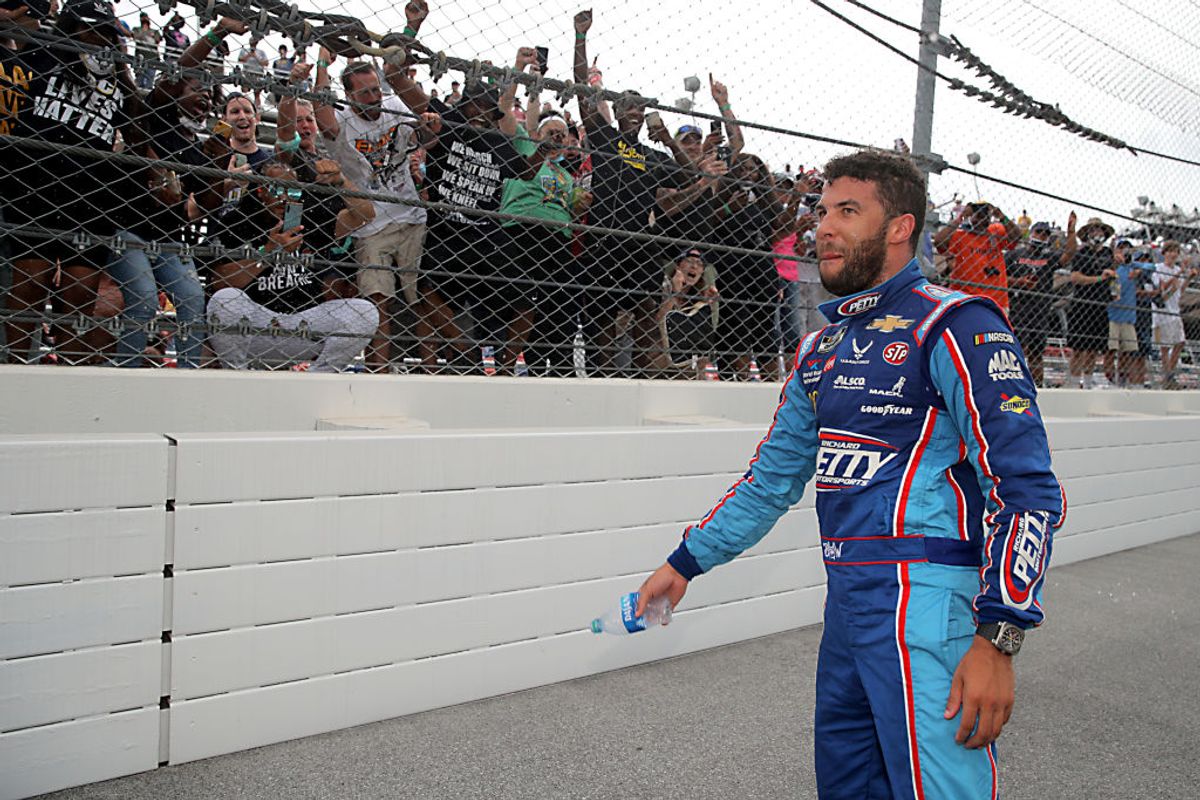 TALLADEGA, ALABAMA - JUNE 22:  Fans cheer for Bubba Wallace, driver of the #43 Victory Junction Chevrolet, after the NASCAR Cup Series GEICO 500 at Talladega Superspeedway on June 22, 2020 in Talladega, Alabama. (Photo by Chris Graythen/Getty Images) (Chris Graythen/Getty Images)