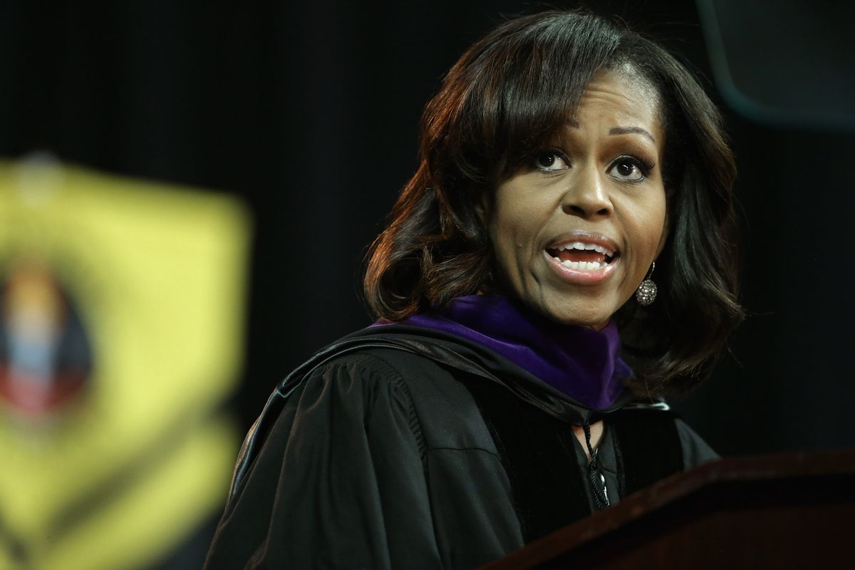 COLLEGE PARK, MD - MAY 17:  First lady Michelle Obama delivers the commencement speech during the Bowie State University graduation ceremony at the Comcast Center on the campus of the University of Maryland May 17, 2013 in College Park, Maryland. Obama received and Honorary Doctor of Laws degree before addressing the 600 graduates of Maryland's oldest historically black university and one of the ten oldest in the country.  (Photo by Chip Somodevilla/Getty Images) (Chip Somodevilla/Getty Images)