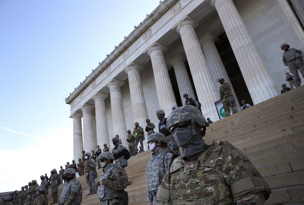 WASHINGTON, DC - JUNE 02: Members of the D.C. National Guard stand on the steps of the Lincoln Memorial as demonstrators participate in a peaceful protest against police brutality and the death of George Floyd, on June 2, 2020 in Washington, DC. Protests continue to be held in cities throughout the country over the death of George Floyd, a black man who was killed in police custody in Minneapolis on May 25.  (Photo by Win McNamee/Getty Images) (Win McNamee / Getty Images)