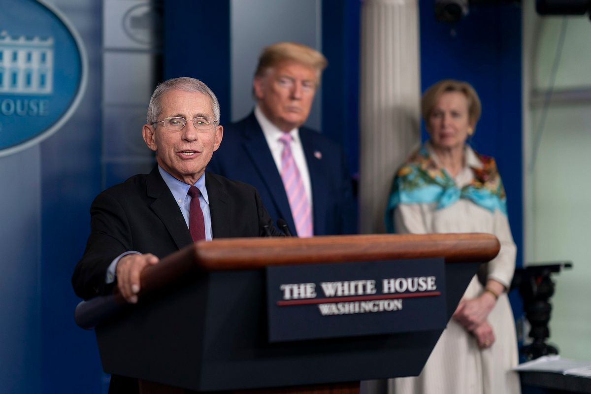 Dr. Anthony Fauci speaks at a coronavirus briefing on April 4, 2020, photographed by Andrea Hanks and available via Wiki Commons. (Official White House Photo by Andrea Hanks)