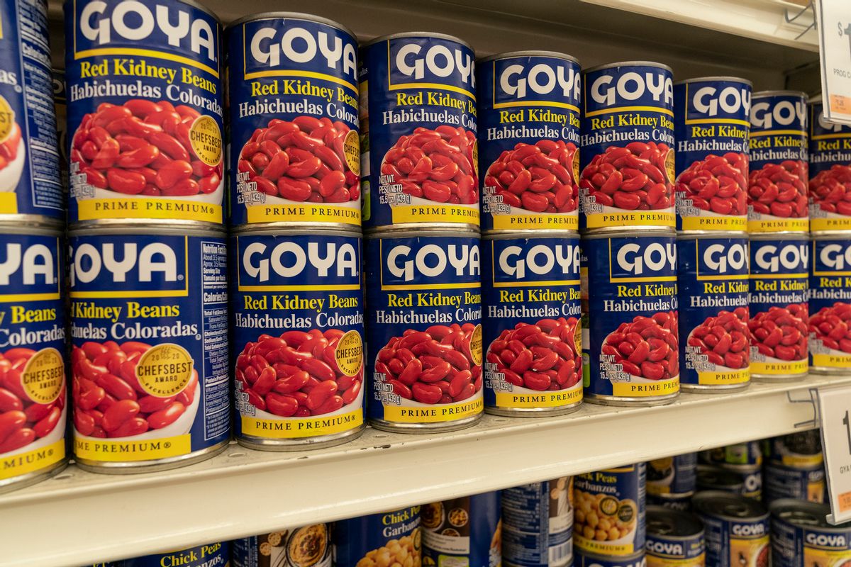 NEW YORK, UNITED STATES - 2020/07/10: Products by Goya Foods Company seen on shelves of Stop&amp;Shop supermarket in the Bronx as company boycott takes off after Robert Unanue, CEO of Goya Foods, appeared in the White House Rose Garden and praised President Donald Trump. Hashtag #Goyaway is trending on social media since July 10, 2020. Unanue said he will not apologize and called the movement suppression of speech. He also claimed a double standard in the reaction to his remarks about President Trump reminding that he did similar event with Michelle Obama in 2012. (Photo by Lev Radin/Pacific Press/LightRocket via Getty Images) (Pacific Press/Contributor)