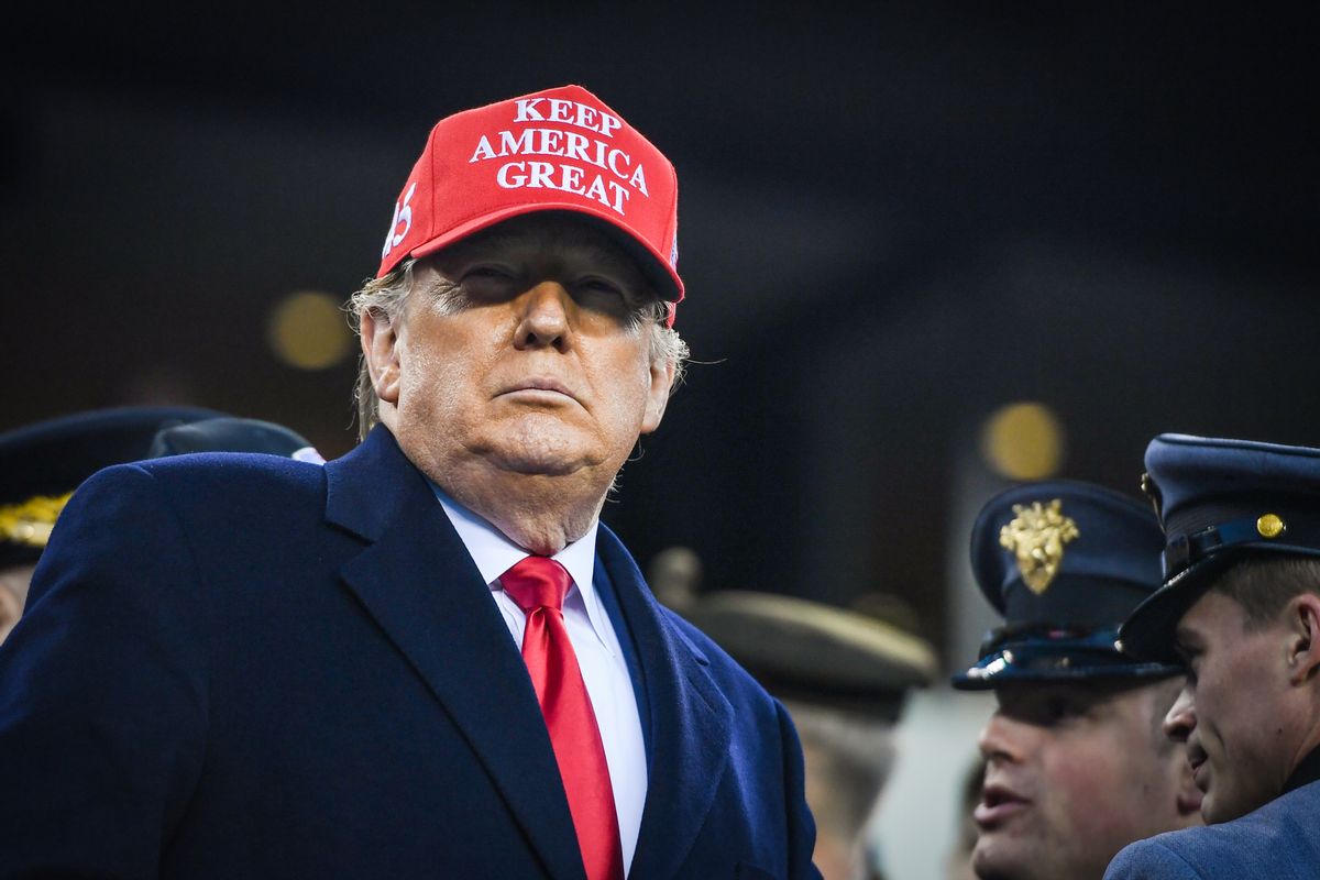 Trump attends the 2019 Army Navy Game in Philadelphia, Pa., Dec. 14, 2019. (U.S. Army photo by Sgt. Dana Clarke, available via Wiki Commons.) (U.S. Army/Wikimedia Commons)