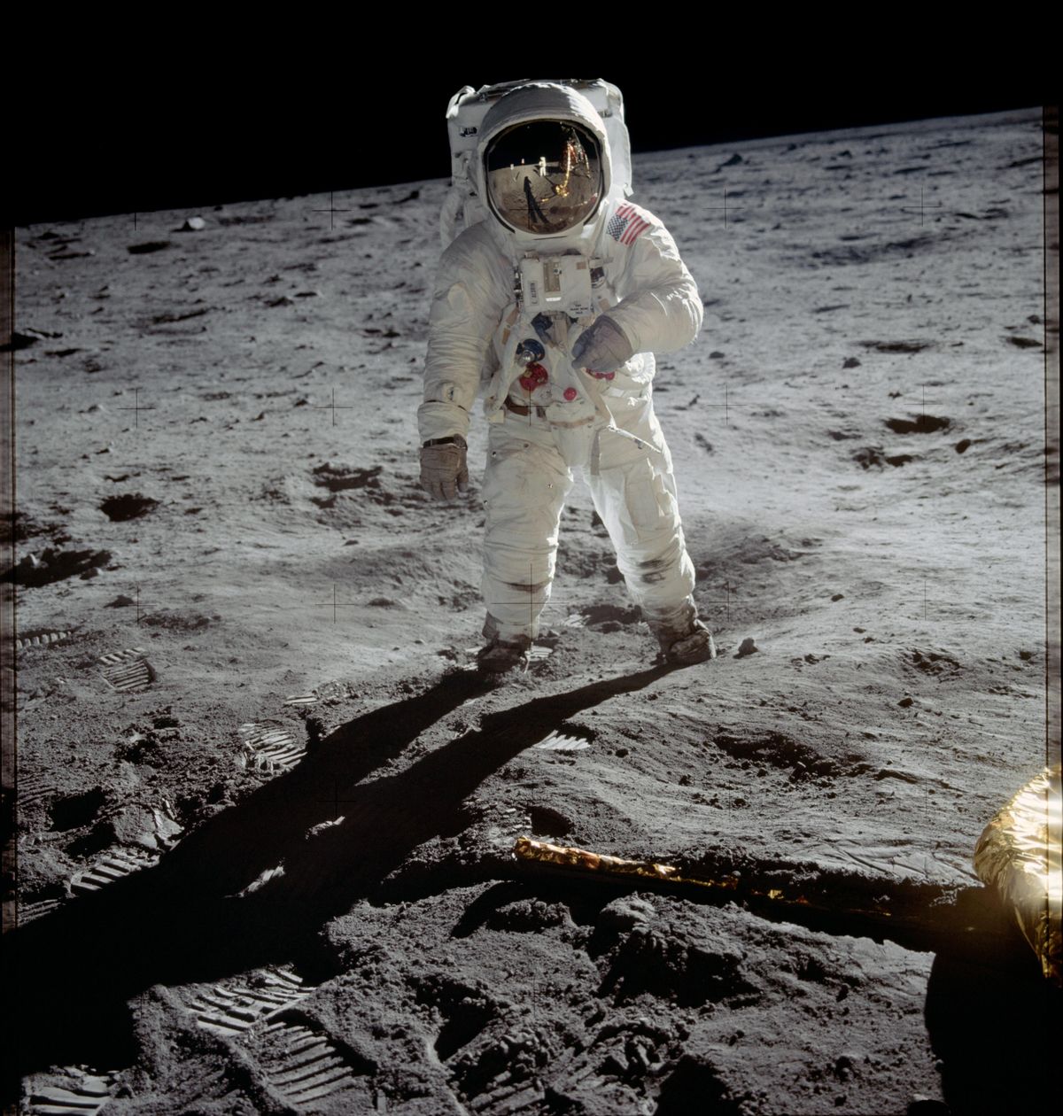 Astronaut Buzz Aldrin walks on the surface of the moon near the leg of the lunar module Eagle during the Apollo 11 mission. Mission commander Neil Armstrong took this photograph with a 70mm lunar surface camera. While astronauts Armstrong and Aldrin explored the Sea of Tranquility region of the moon, astronaut Michael Collins remained with the command and service modules in lunar orbit. Credit: NASA (NASA)