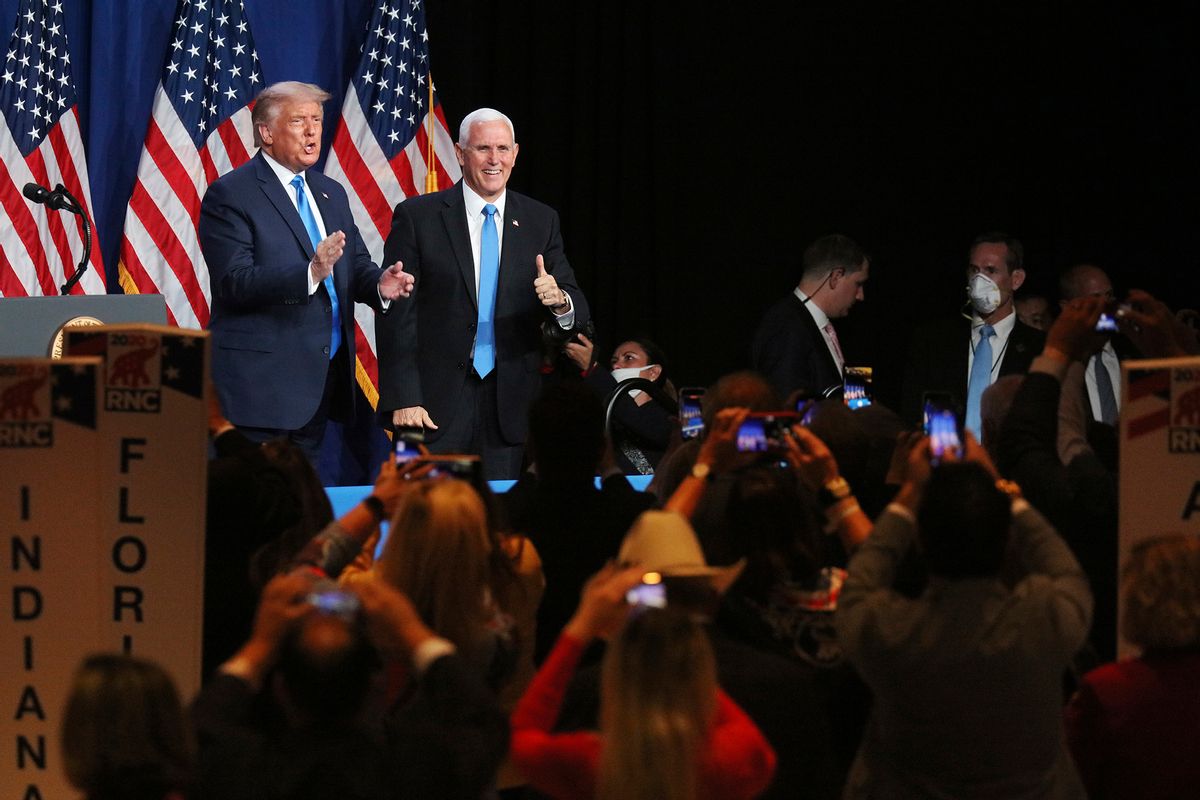 President Donald Trump and Vice President Mike Pence give a thumbs up after speaking during the first day of the Republican National Convention Monday, Aug. 24, 2020, in Charlotte, N.C. (Travis Dove/The New York Times via AP, Pool) (Travis Dove/The New York Times via AP, Pool)