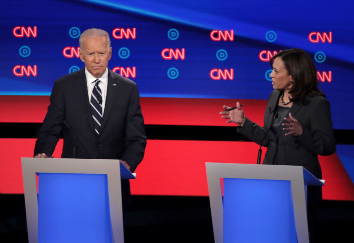 DETROIT, MICHIGAN - JULY 31:  Democratic presidential candidate Sen. Kamala Harris (D-CA) (R) 11speaks while former Vice President Joe Biden listens during the Democratic Presidential Debate at the Fox Theatre July 31, 2019 in Detroit, Michigan.  20 Democratic presidential candidates were split into two groups of 10 to take part in the debate sponsored by CNN held over two nights at Detroit’s Fox Theatre.  (Photo by Scott Olson/Getty Images) (Scott Olson/Getty Images)