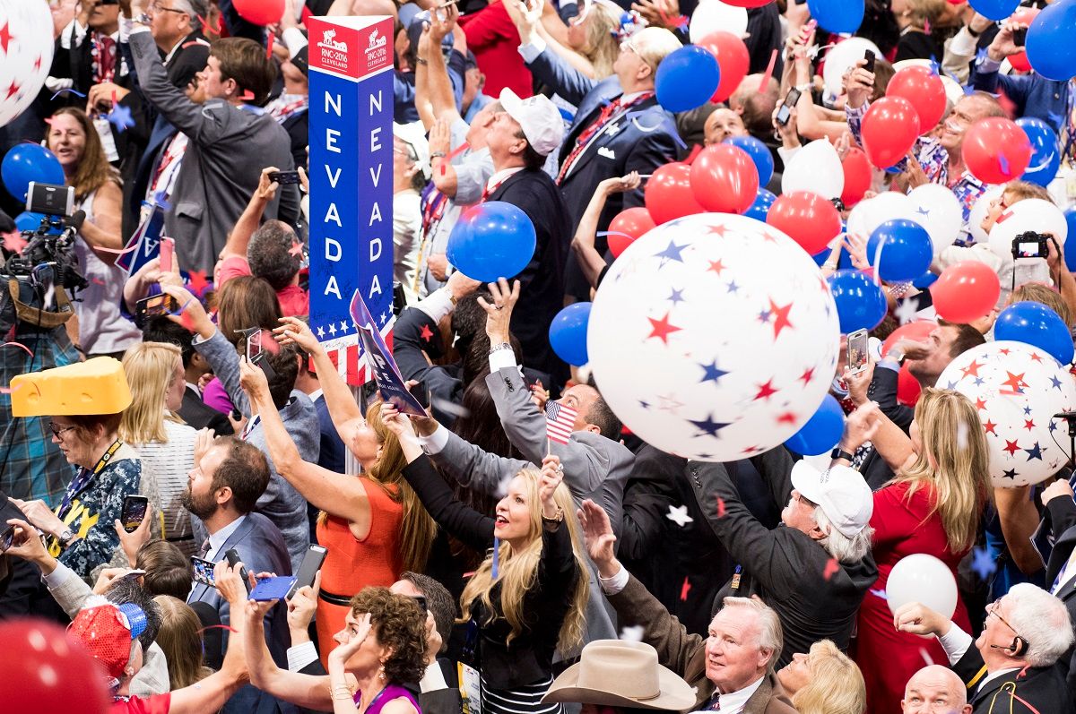 UNITED STATES - JULY 21: Delegates celebrate as balloons drop from the rafters after Donald Trump accepted the GOP nomination to be President of the United States at the 2016 Republican National Convention to  in Cleveland, Ohio on Thursday July 21, 2016. (Photo By Bill Clark/CQ Roll Call) (Bill Clark / CQ Roll Call via Getty Images)