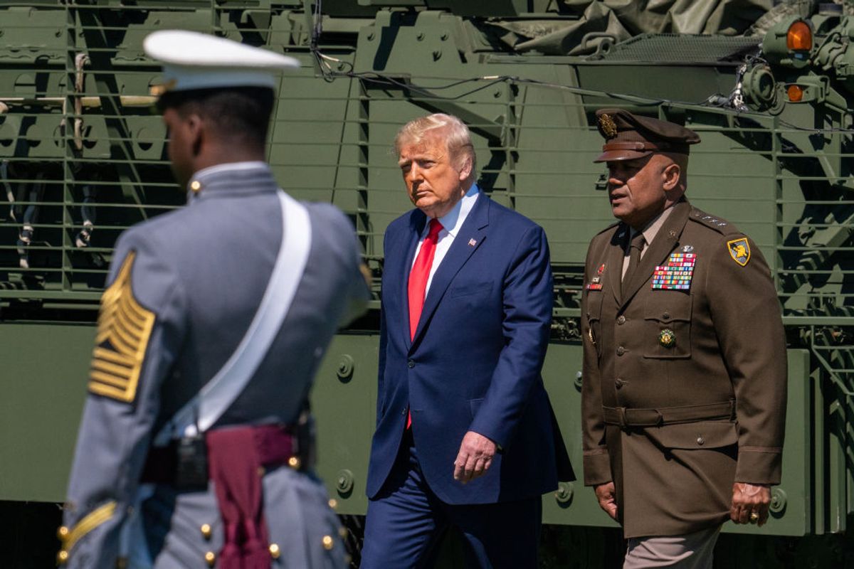 WEST POINT, NY - JUNE 13: President Donald Trump Arrives at the commencement ceremony for army cadets on June 13, 2020 in West Point, New York. The graduating cadets were sent home in March due to the Covid-19 pandemic, but have been ordered back to attend the commencement after the president announced he would continue with the previously planned address. (Photo by David Dee Delgado/Getty Images) (Getty Images/Stock photo)