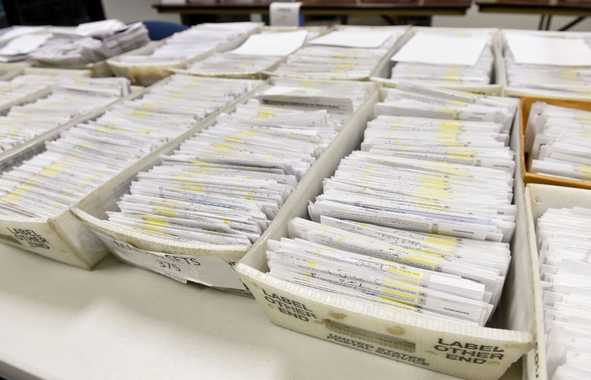 Reading, PA - September 3: Some of the applications for mail-in ballots received. At the Berks County Office of Election Services  in the Berks County Services Building in Reading, PA Thursday morning September 3, 2020 where they are processing applications for mail-in ballots. (Photo by Ben Hasty/MediaNews Group/Reading Eagle via Getty Images) (Getty Images)
