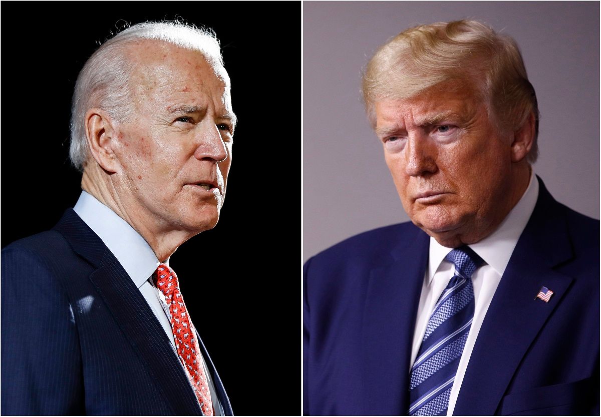 FILE - In this combination of file photos, former Vice President Joe Biden, left, speaks in Wilmington, Del., on March 12, 2020, and President Donald Trump speaks at the White House in Washington on April 5, 2020. Some of the country’s major sports betting companies are running contests in which participants predict things that will happen or be said during the presidential debate, Tuesday, Sept. 29, 2020, for the chance to win money. (AP Photo/File) (Associated Press)